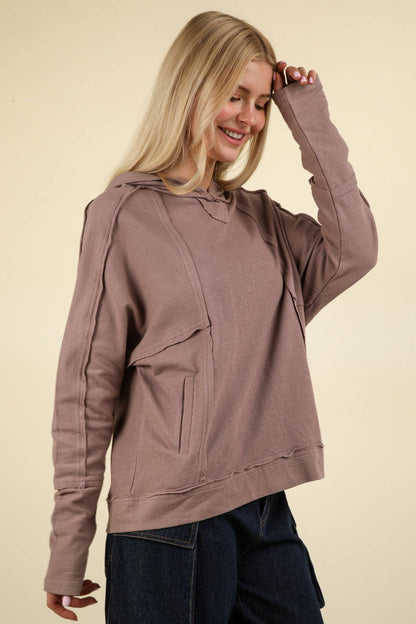 Raw Edge Detail Hoodie Top | MOCHA