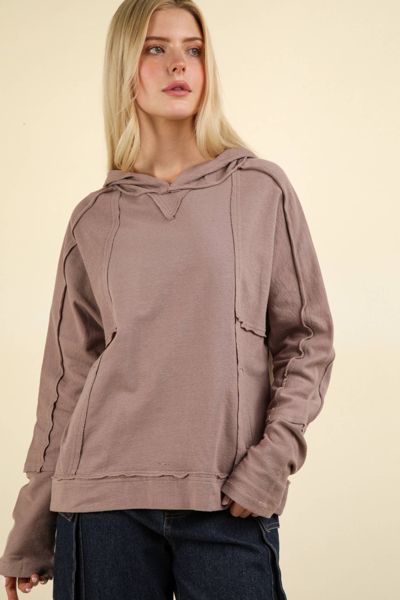 Raw Edge Detail Hoodie Top | MOCHA