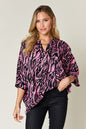 Double Take Full Size Printed Notched Three-Quarter Sleeve Blouse