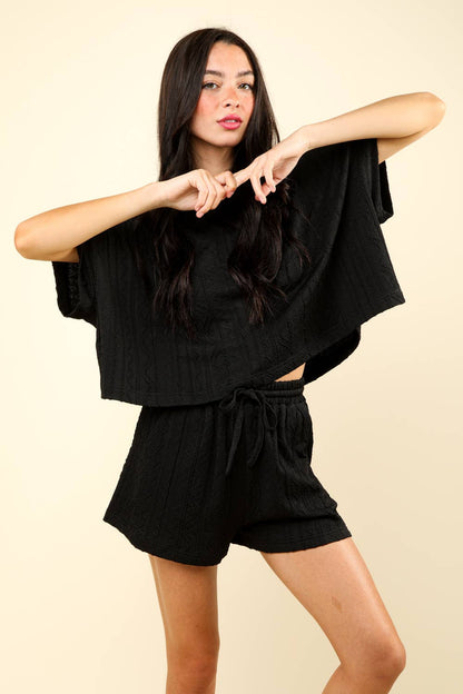 Cable Knit Texture Casual Top & Shorts Set | Black