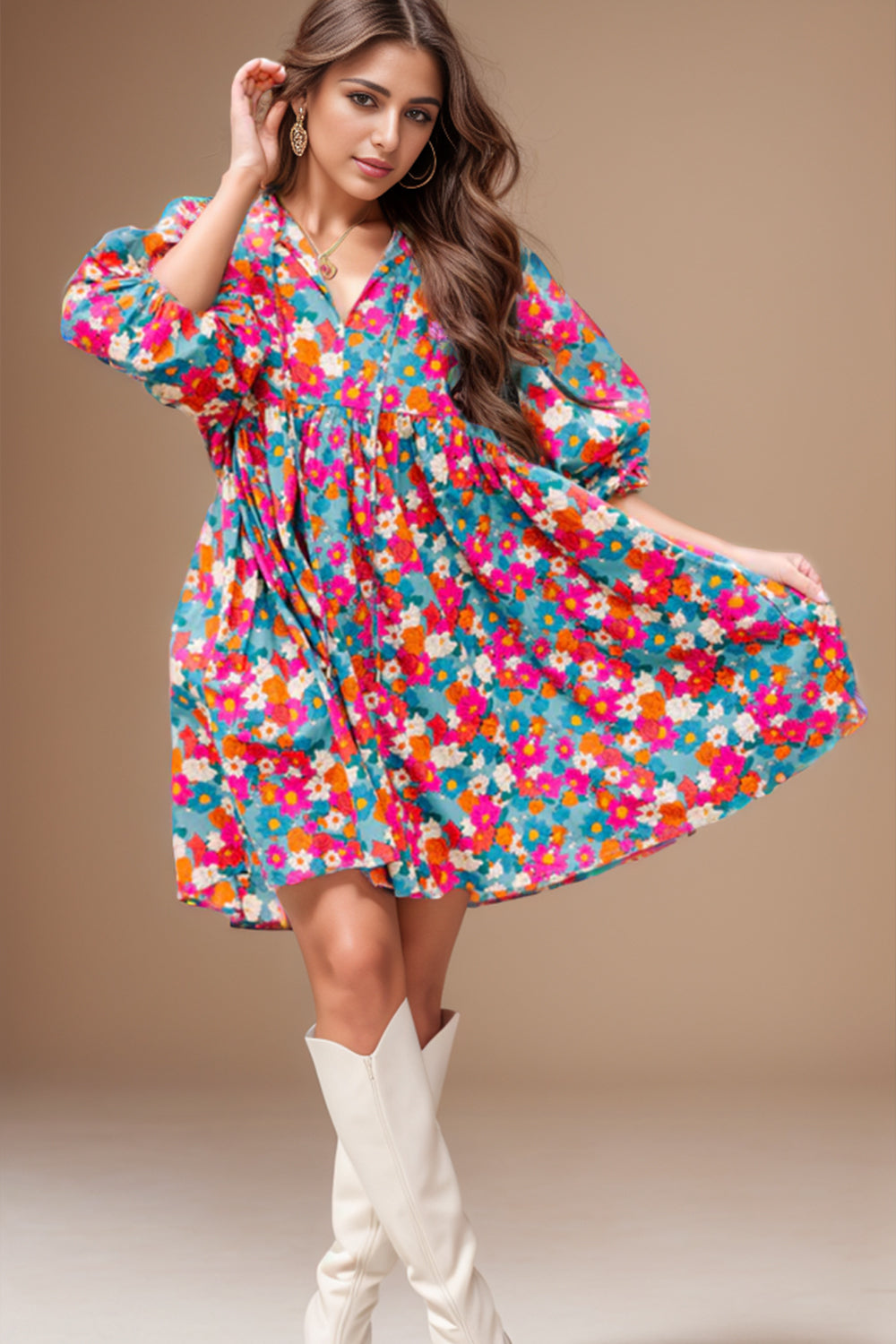 Floral Tie Neck Puff Sleeve Mini Dress