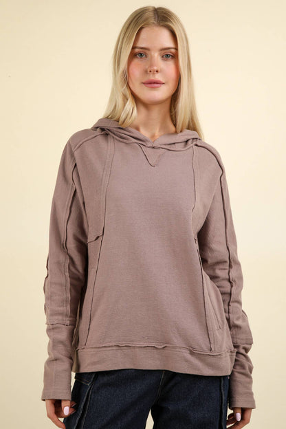 Raw Edge Detail Hoodie Top | MOCHA