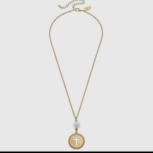 Candace Coin Cross Pearl Necklace