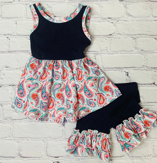 Girls Navy Paisley Short Set